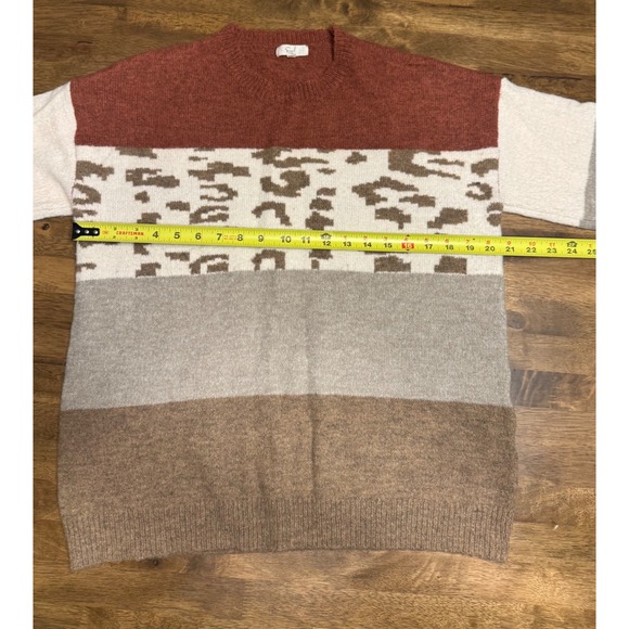 Easel Color Block‎ Sweater Leopard Print Knit Pullover Brown Beige Small - Picture 6 of 6